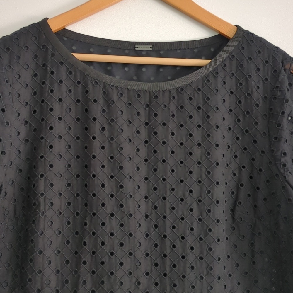 Elie Tahari Black Eyelet Short-Sleeve Peplum Top Minimalist Career Formal Sz L - Picture 2 of 7